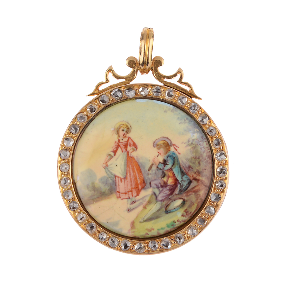 Medaillon-Anhänger mit Miniaturmalerei und Diamantrosen