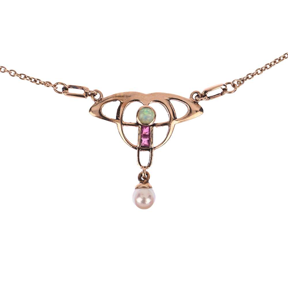 Collier "Jugendstil", Opal, 2 Rubine, Zuchtperlen, G333 ca. 4,6 g, Länge ca. 45 cm