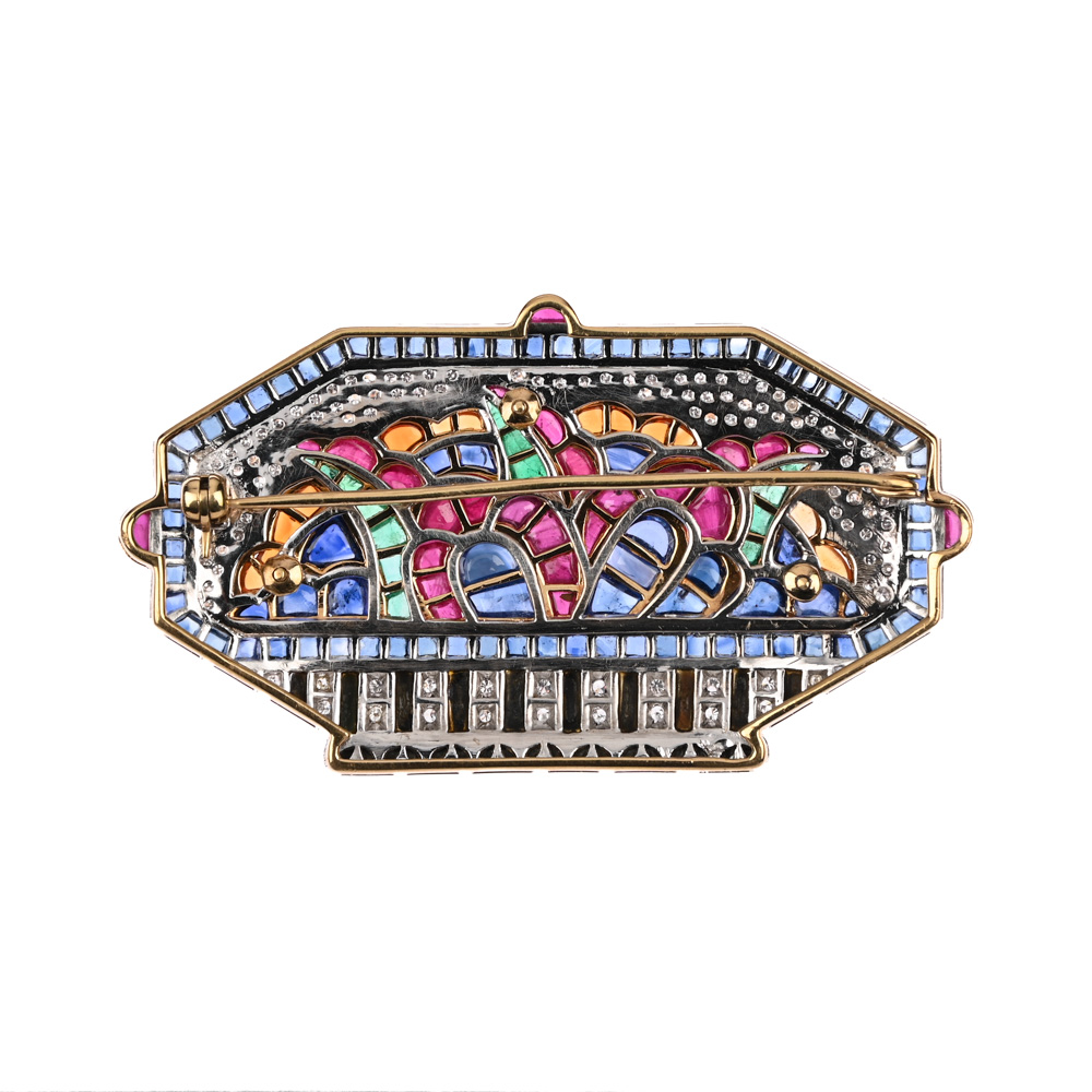 Brosche, Saphire, Rubine, Smaragde, Brillanten und Onyx, BiC750 ca. 21,9 g Brosche, Saphire, Rubine, Smaragde, Brillanten und Onyx, BiC750 ca. 21,9 g