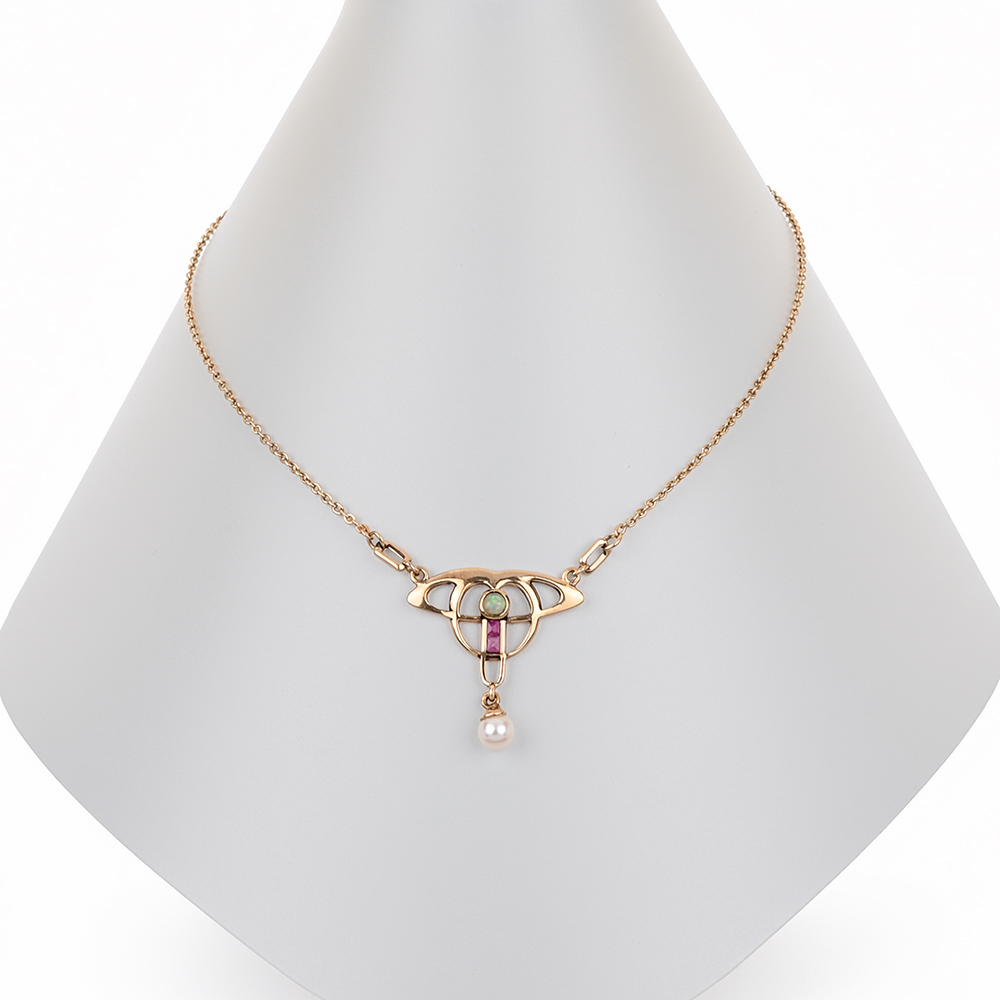 Collier "Jugendstil", Opal, 2 Rubine, Zuchtperlen, G333 ca. 4,6 g, Länge ca. 45 cm