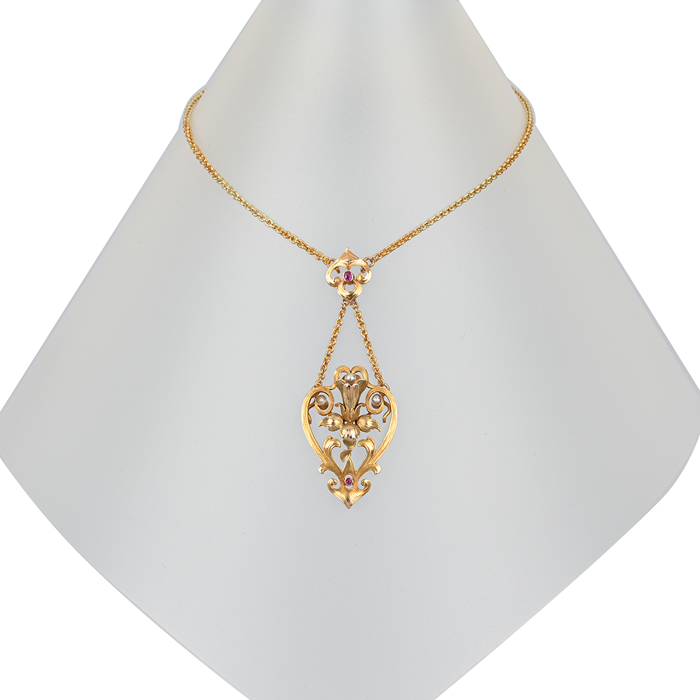 Collier "Jugendstil", 2 Rubine, 3 Saarperlen, G585 ca. 11,9 g, Länge ca. 42 cm