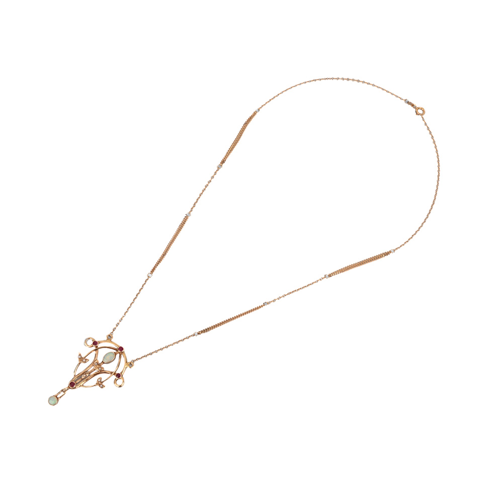Collier "Jugendstil", 2 Opale, 4 Rubine und Saatperlen, Rotgold 585 ca. 8,2 g, Länge ca. 48 cm - Herstellerpunze HJM - H.J. Müller Collection, Münchengladbach