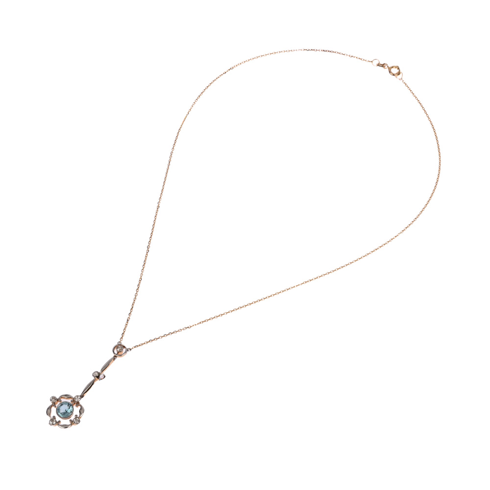 Collier, Aquamarin, 6 kleine Altschliff-Brillanten, G585 ca. 4,6 g, Länge ca. 40 cm