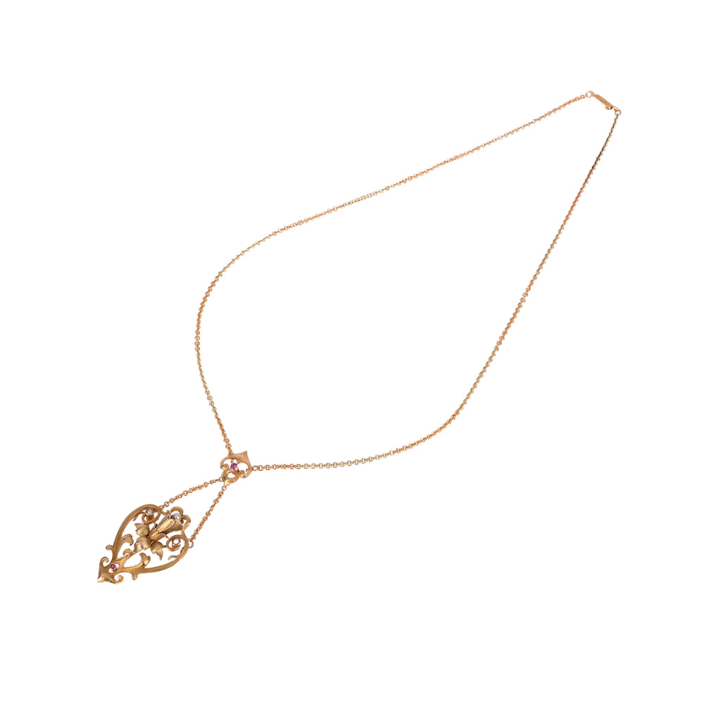 Collier "Jugendstil", 2 Rubine, 3 Saarperlen, G585 ca. 11,9 g, Länge ca. 42 cm
