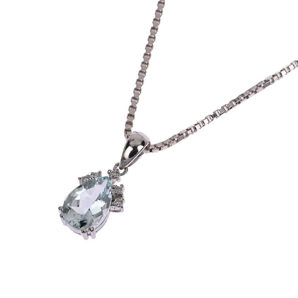 Halskette mit Anhänger, Aquamarin-Tropfen, 5 Brillanten, WG585 ca. 7,1 g, Länge ca. 50 cm
