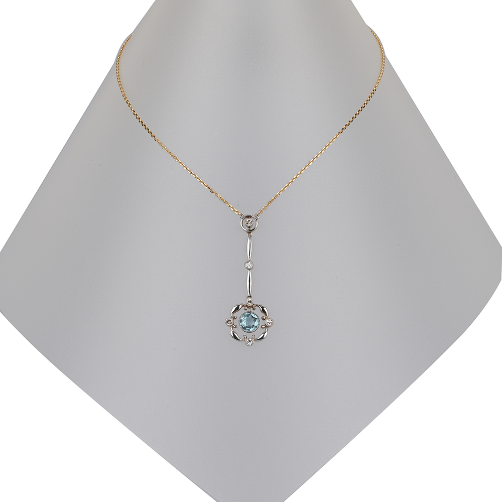 Collier, Aquamarin, 6 kleine Altschliff-Brillanten, G585 ca. 4,6 g, Länge ca. 40 cm