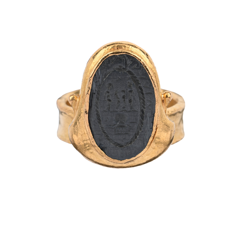 Siegel-Ring, gravierter Hämatitstein -Isis u. Osiris zwischen zwei Schlagen, G917 ca. 23,1 g, Ringweite 58