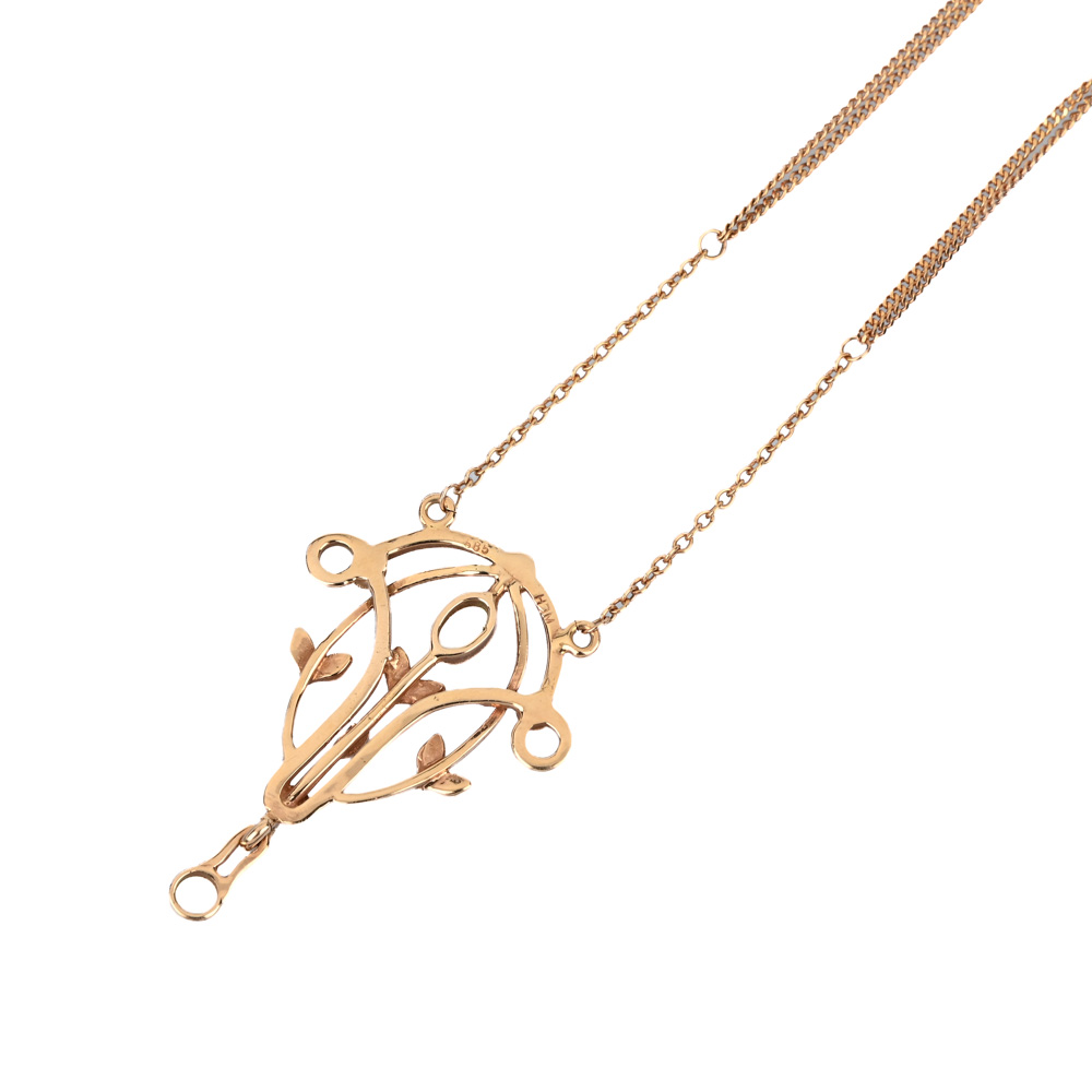 Collier "Jugendstil", 2 Opale, 4 Rubine und Saatperlen, Rotgold 585 ca. 8,2 g, Länge ca. 48 cm - Herstellerpunze HJM - H.J. Müller Collection, Münchengladbach