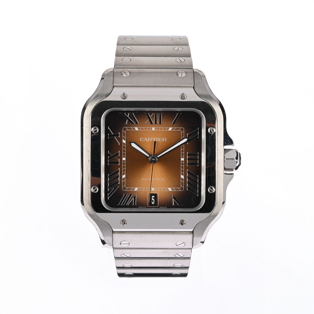 1 A-Uhr Cartier Santos Stahl, br. ZB, Ref. WSSA0064, Ersatzglieder, Lederbd, Stel