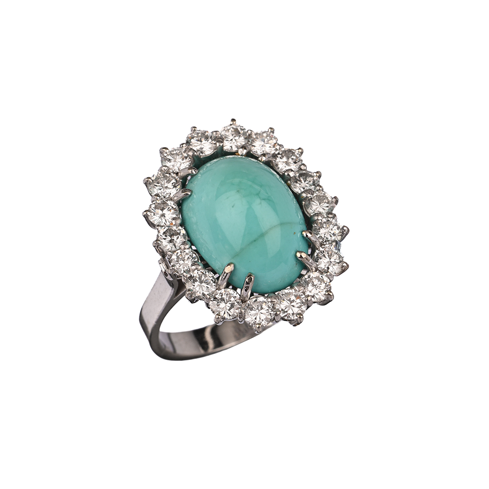 Ring, Türkis, 18 Brillanten ca. 1,35 ct, WG585 ca. 6,7 g, Ringweite 51 Ring, Türkis, 18 Brillanten ca. 1,35 ct, WG585 ca. 6,7 g, Ringweite 51