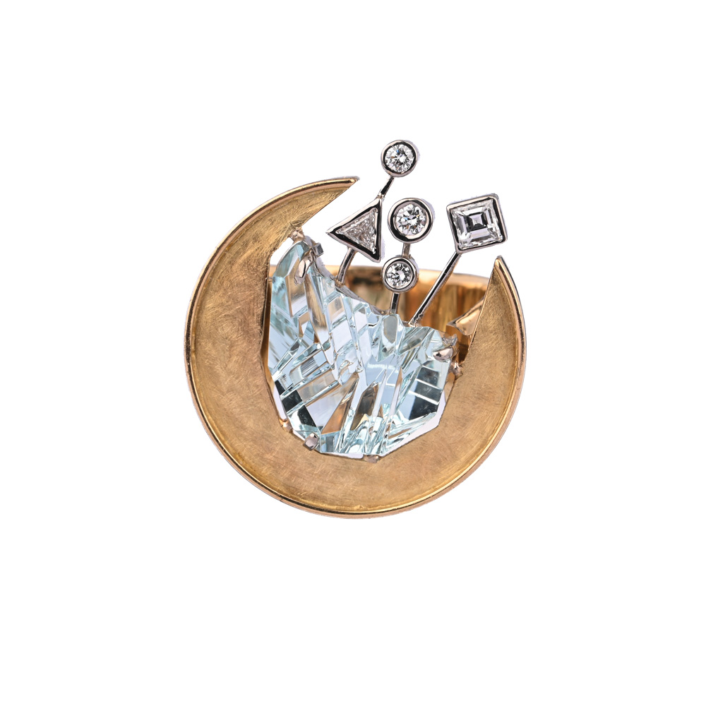 Ring, Aquamarin ca. 14,6 x 11,6 x 5,2 mm, 5 Diamanten/Brillanten ca. 0,32 ct, BiC750 ca. 15,2 g, Ringweite 53, Meistermarke DS?