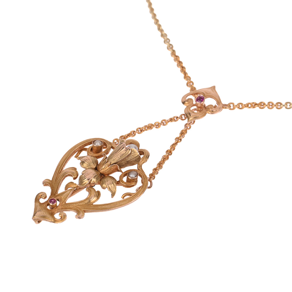 Collier "Jugendstil", 2 Rubine, 3 Saarperlen, G585 ca. 11,9 g, Länge ca. 42 cm