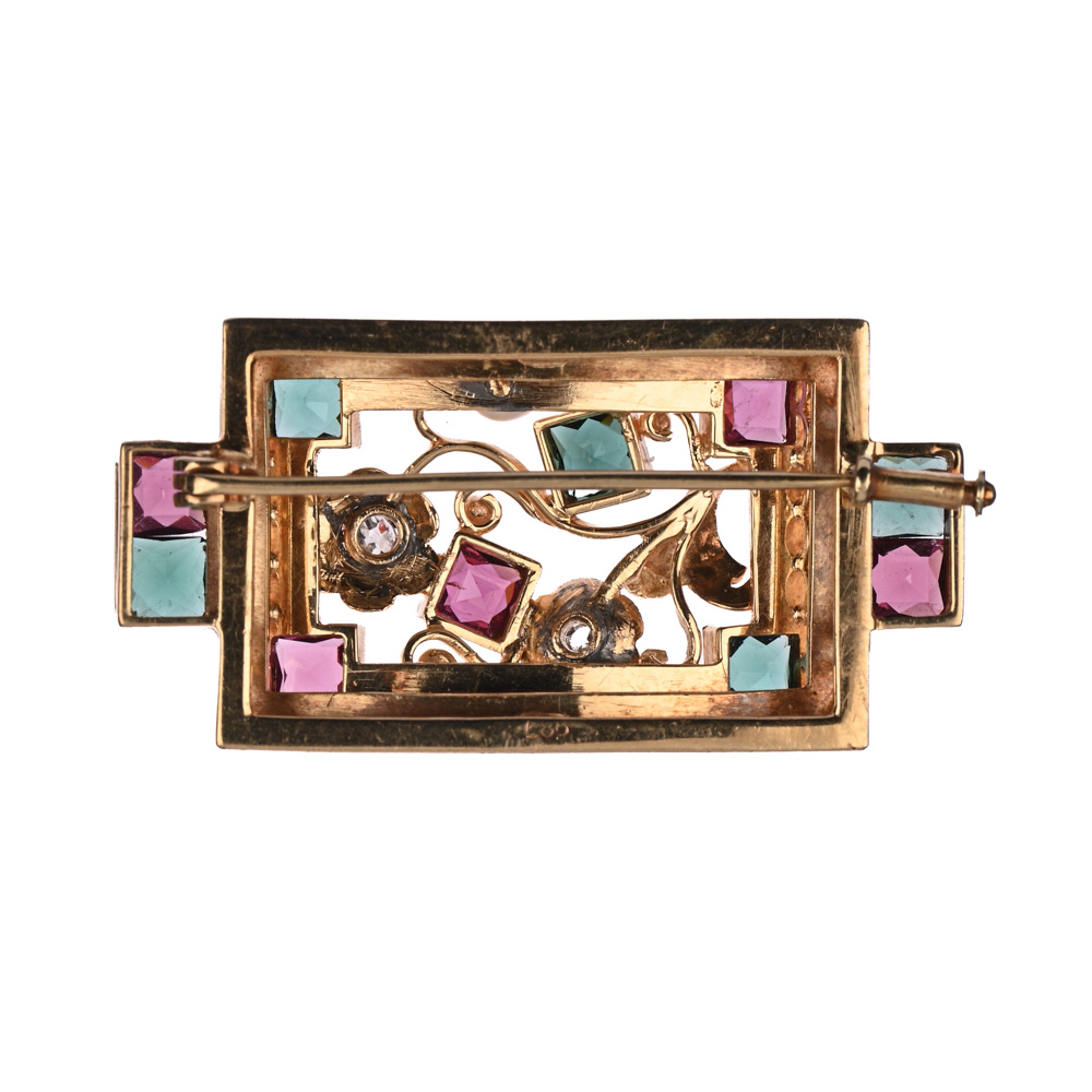 Brosche, 2 Altschliff-Diamanten, 10 Turmaline, G585 ca. 13,6 g., Länge ca. 4 cm