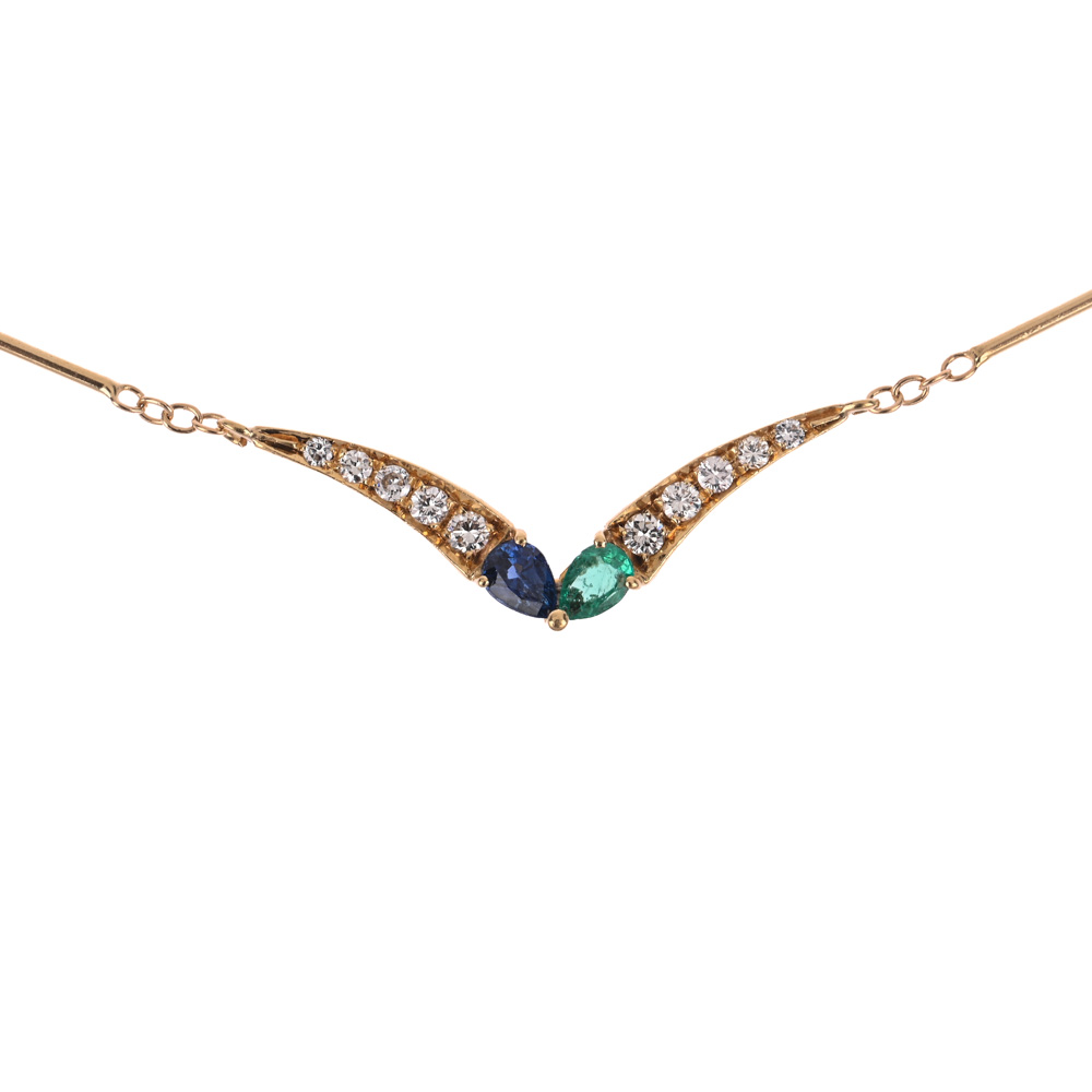 Collier, Saphir-Tropfen, Smaragd-Tropfen, 10 Brillanten, G750 ca. 6,9 g, Länge ca. 43 cm