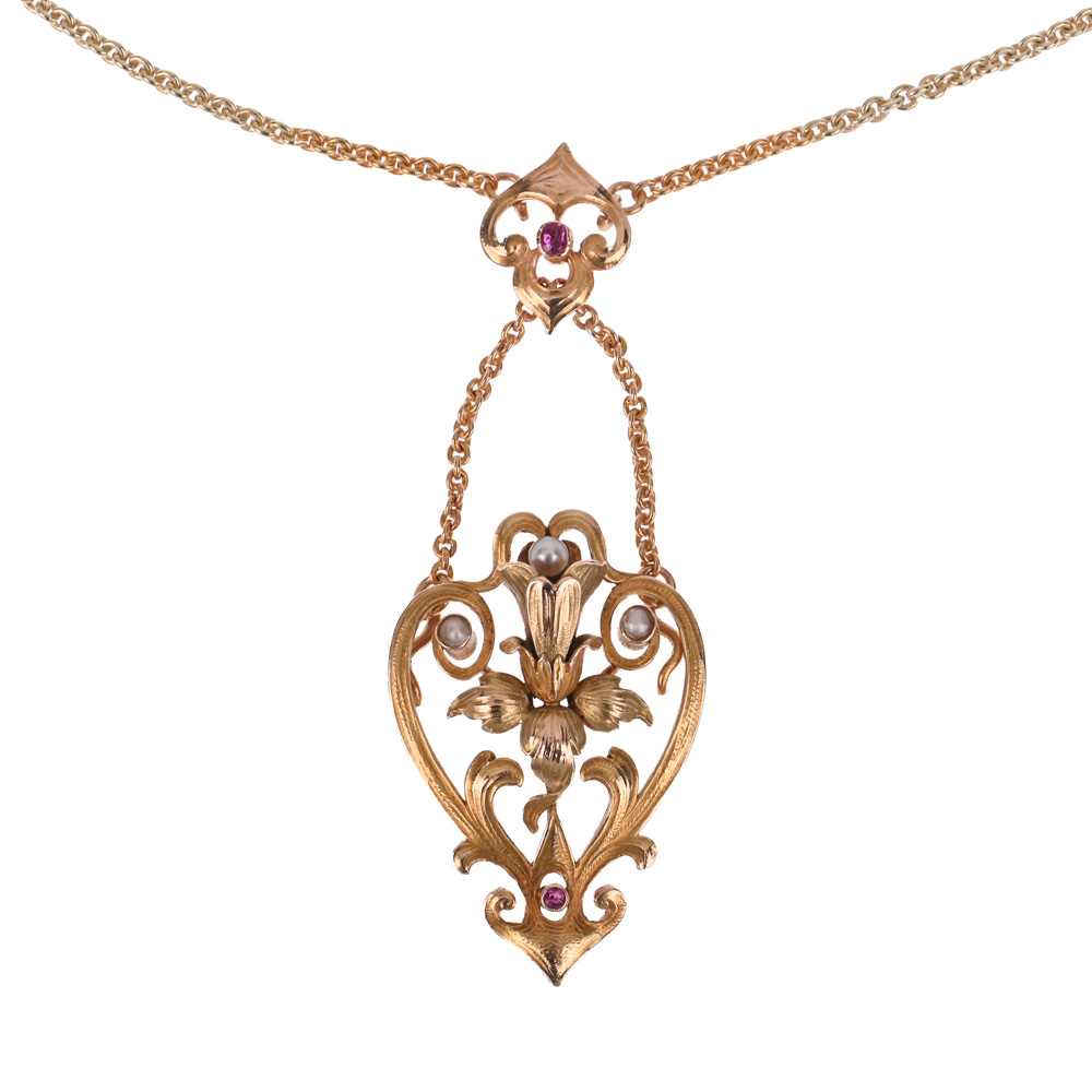 Collier "Jugendstil", 2 Rubine, 3 Saarperlen, G585 ca. 11,9 g, Länge ca. 42 cm