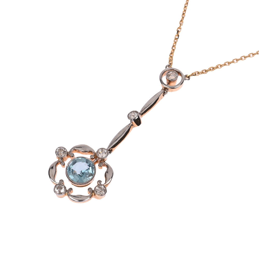 Collier, Aquamarin, 6 kleine Altschliff-Brillanten, G585 ca. 4,6 g, Länge ca. 40 cm