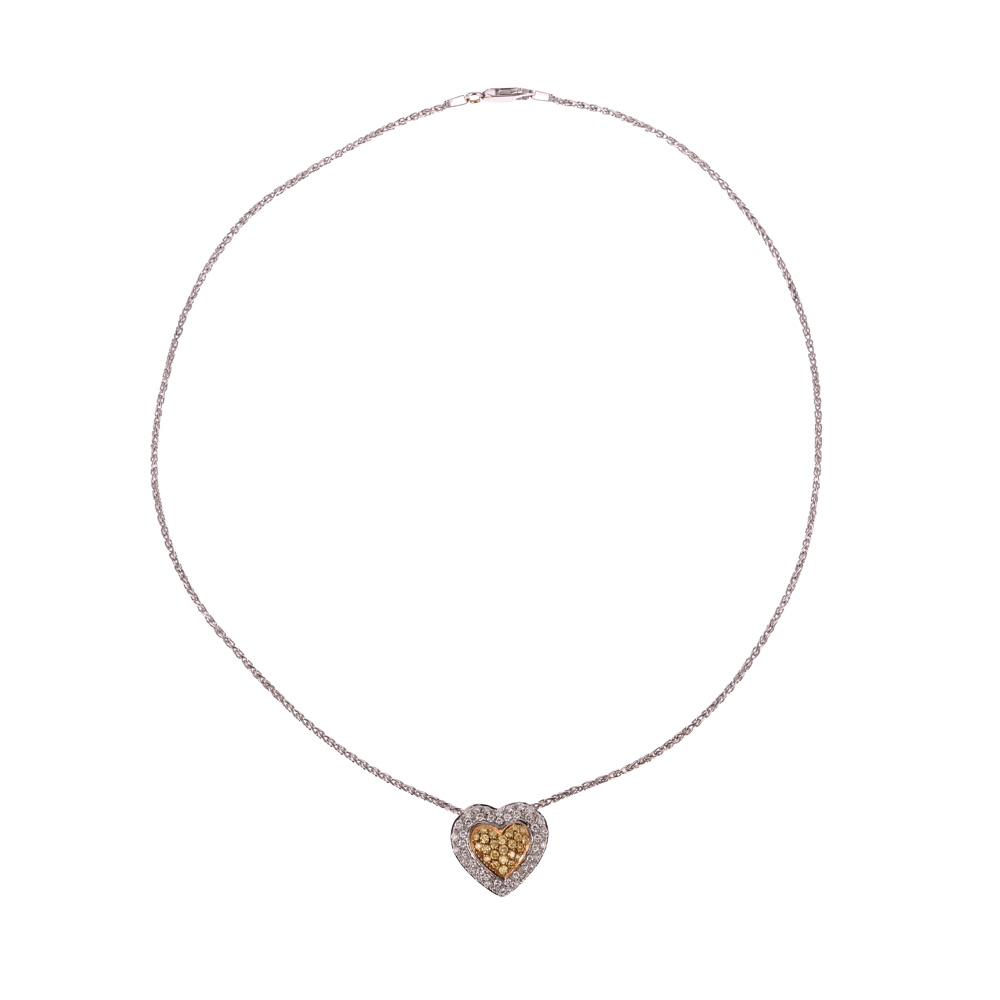 Collier mit Herz-Anhänger, 45 Brillanten ca. 0,70 ct, 24 gelbe Brillanten (beh.) ca. 0,24 ct, BiC750 ca. 12,6 g, Länge: 43,5 cm