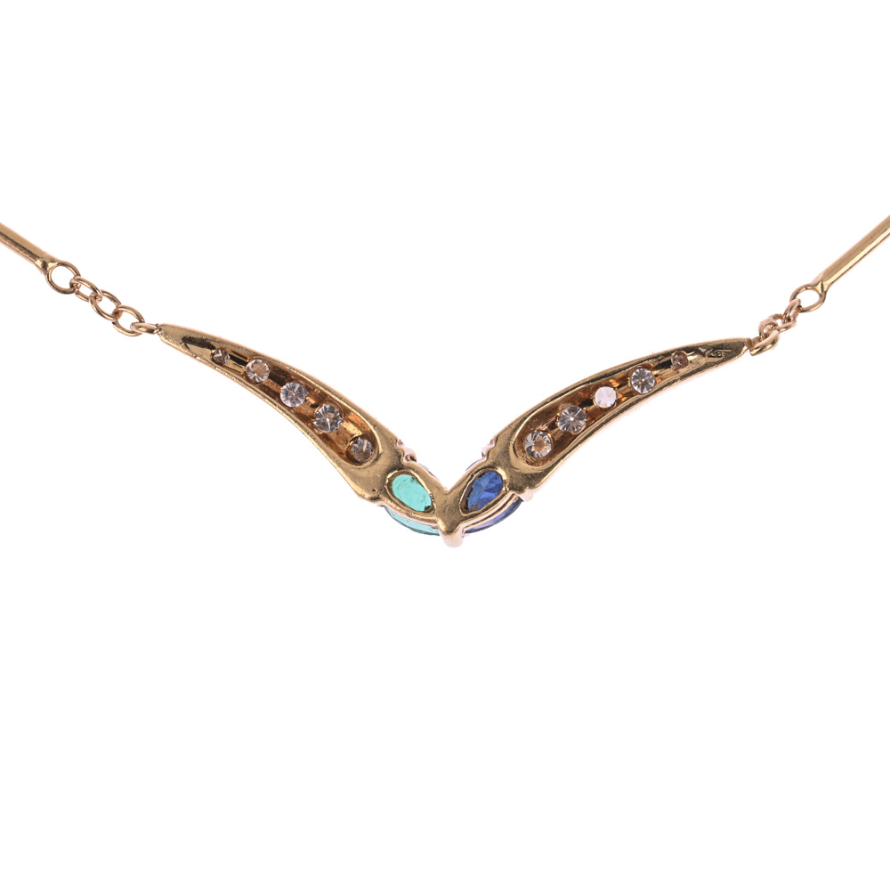 Collier, Saphir-Tropfen, Smaragd-Tropfen, 10 Brillanten, G750 ca. 6,9 g, Länge ca. 43 cm