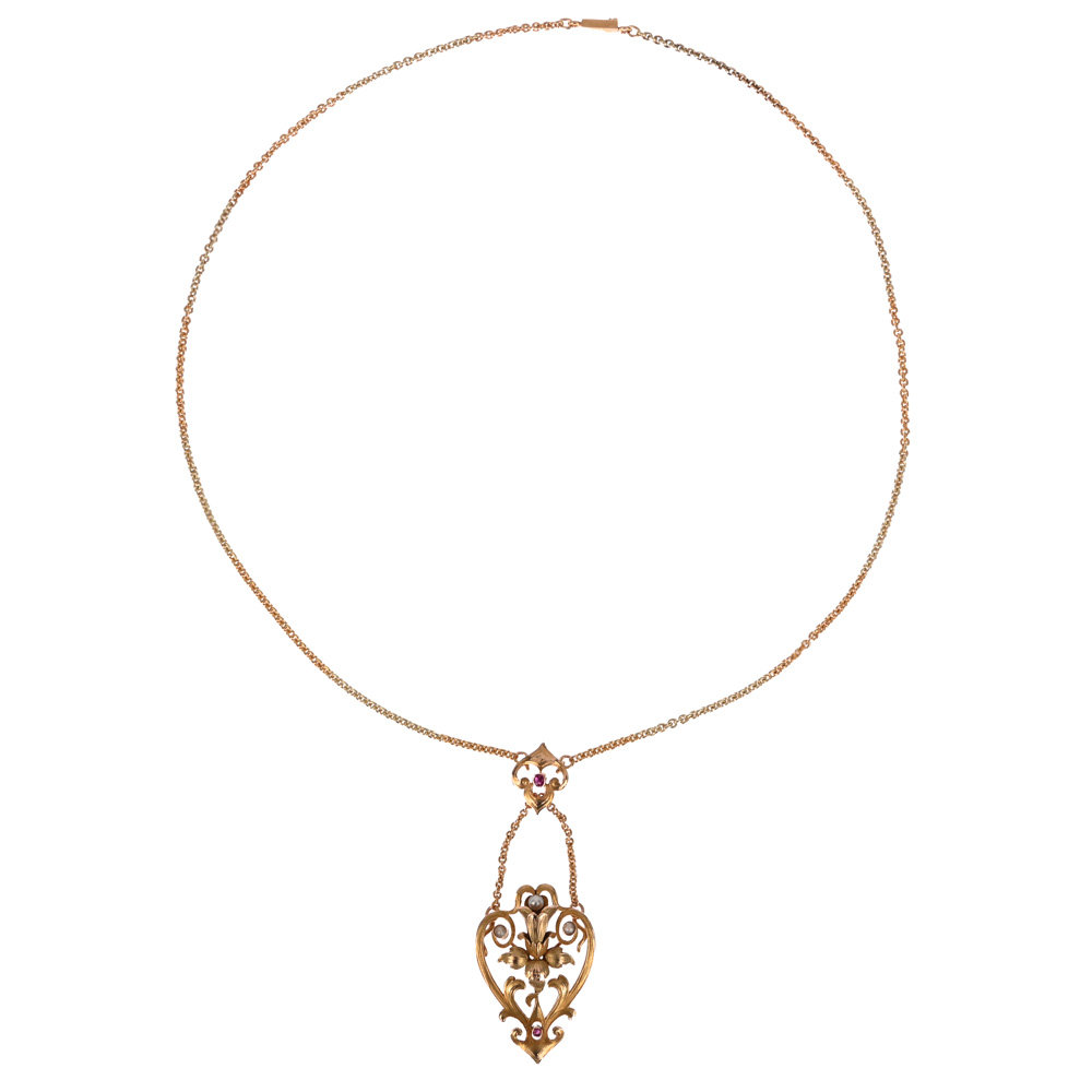 Collier "Jugendstil", 2 Rubine, 3 Saarperlen, G585 ca. 11,9 g, Länge ca. 42 cm