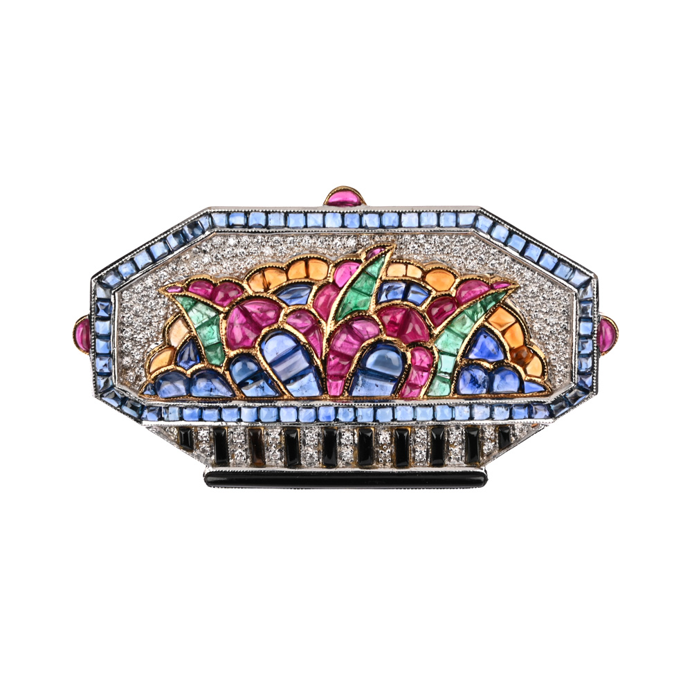 Brosche, Saphire, Rubine, Smaragde, Brillanten und Onyx, BiC750 ca. 21,9 g Brosche, Saphire, Rubine, Smaragde, Brillanten und Onyx, BiC750 ca. 21,9 g