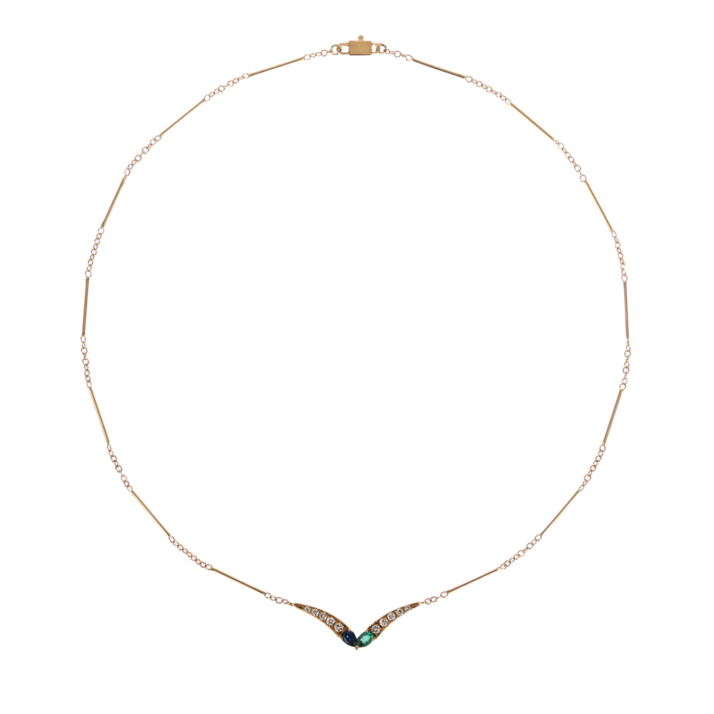 Collier, Saphir-Tropfen, Smaragd-Tropfen, 10 Brillanten, G750 ca. 6,9 g, Länge ca. 43 cm