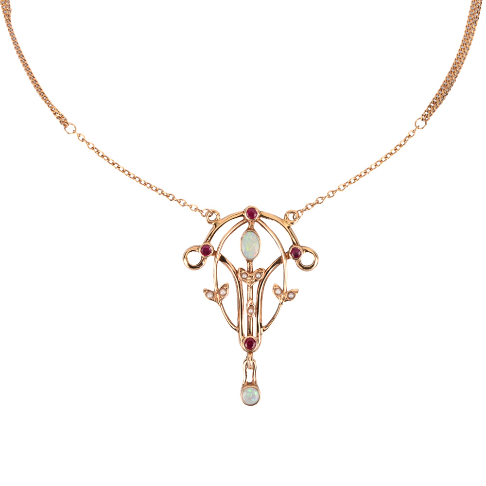 Collier "Jugendstil", 2 Opale, 4 Rubine und Saatperlen, Rotgold 585 ca. 8,2 g, Länge ca. 48 cm - Herstellerpunze HJM - H.J. Müller Collection, Münchengladbach