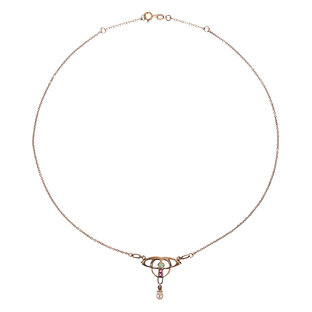 Collier "Jugendstil", Opal, 2 Rubine, Zuchtperlen, G333 ca. 4,6 g, Länge ca. 45 cm