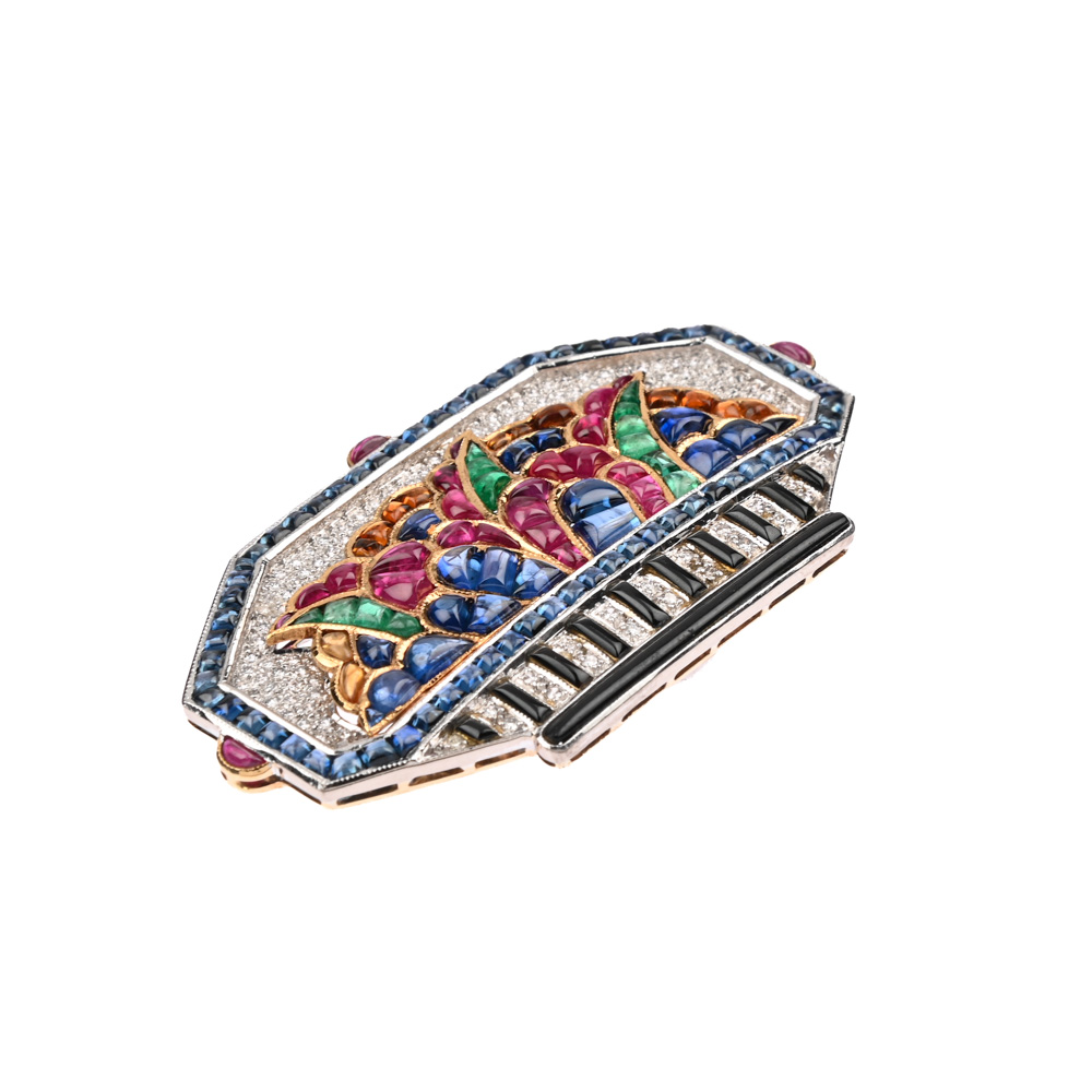Brosche, Saphire, Rubine, Smaragde, Brillanten und Onyx, BiC750 ca. 21,9 g